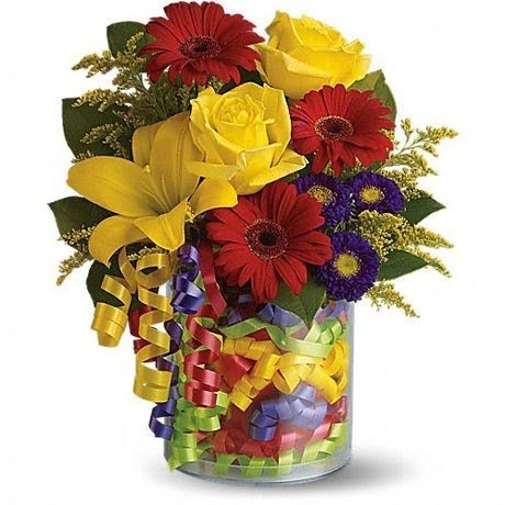 Colorful Flowers with Ribbons Vase Colorful Flowers with Ribbons Vase